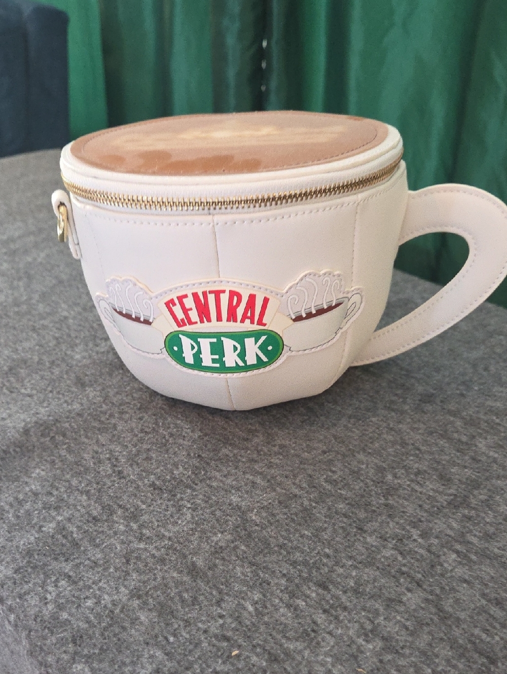 Loungefly Cream Central Perk Cup Crossbody Bag with Tan Top and Green/Red Logo